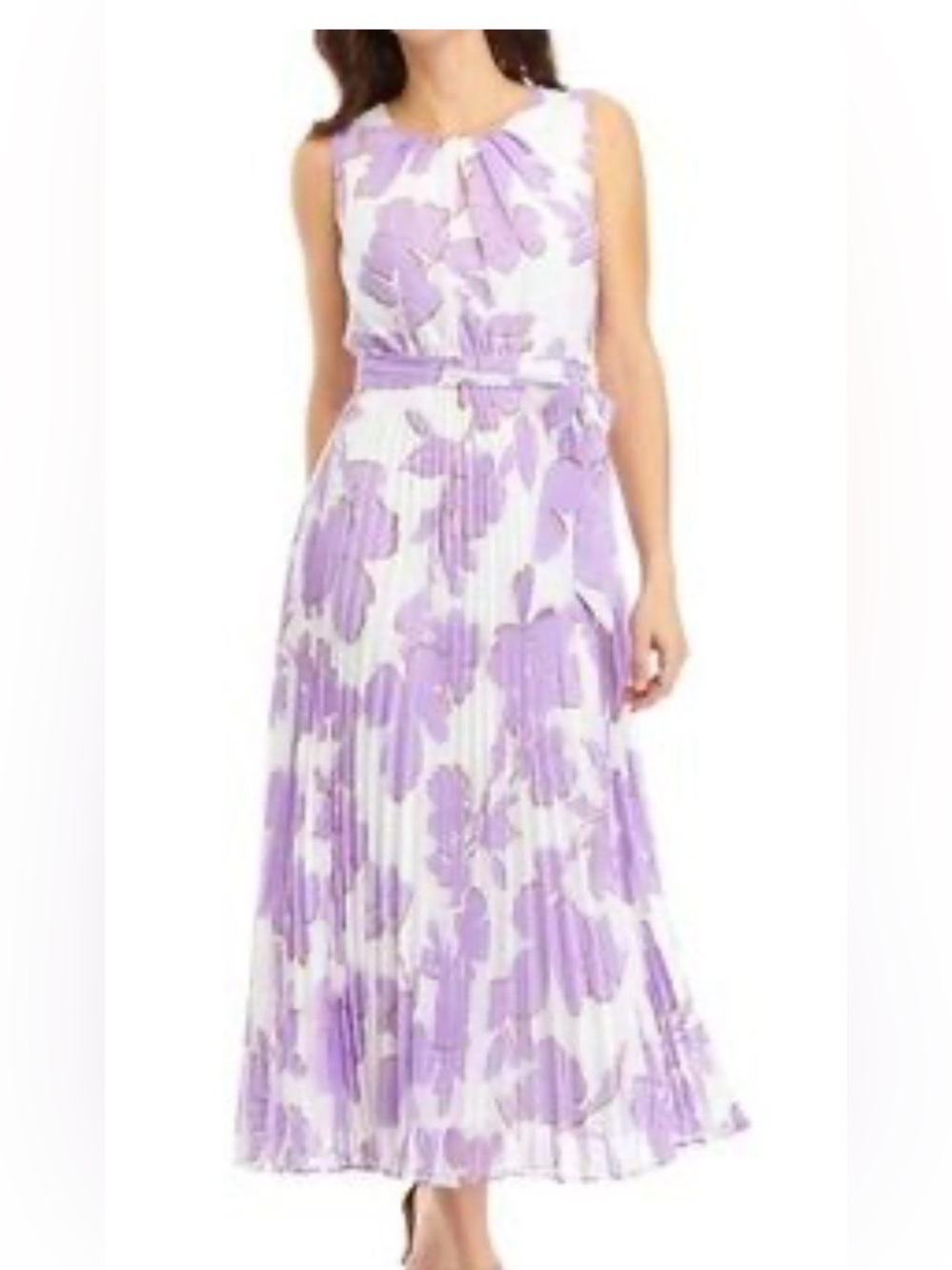 Sandra Darren White Maxi Dress with Lavender Floral Print and Waist Tie